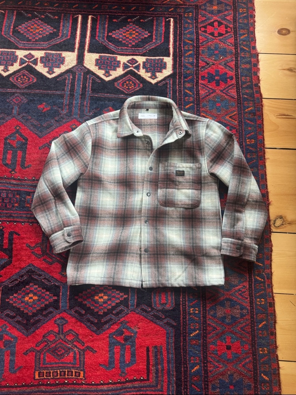 Zara Textured Flannel Button Down Shacket Youth Size 9-10 burgundy and black